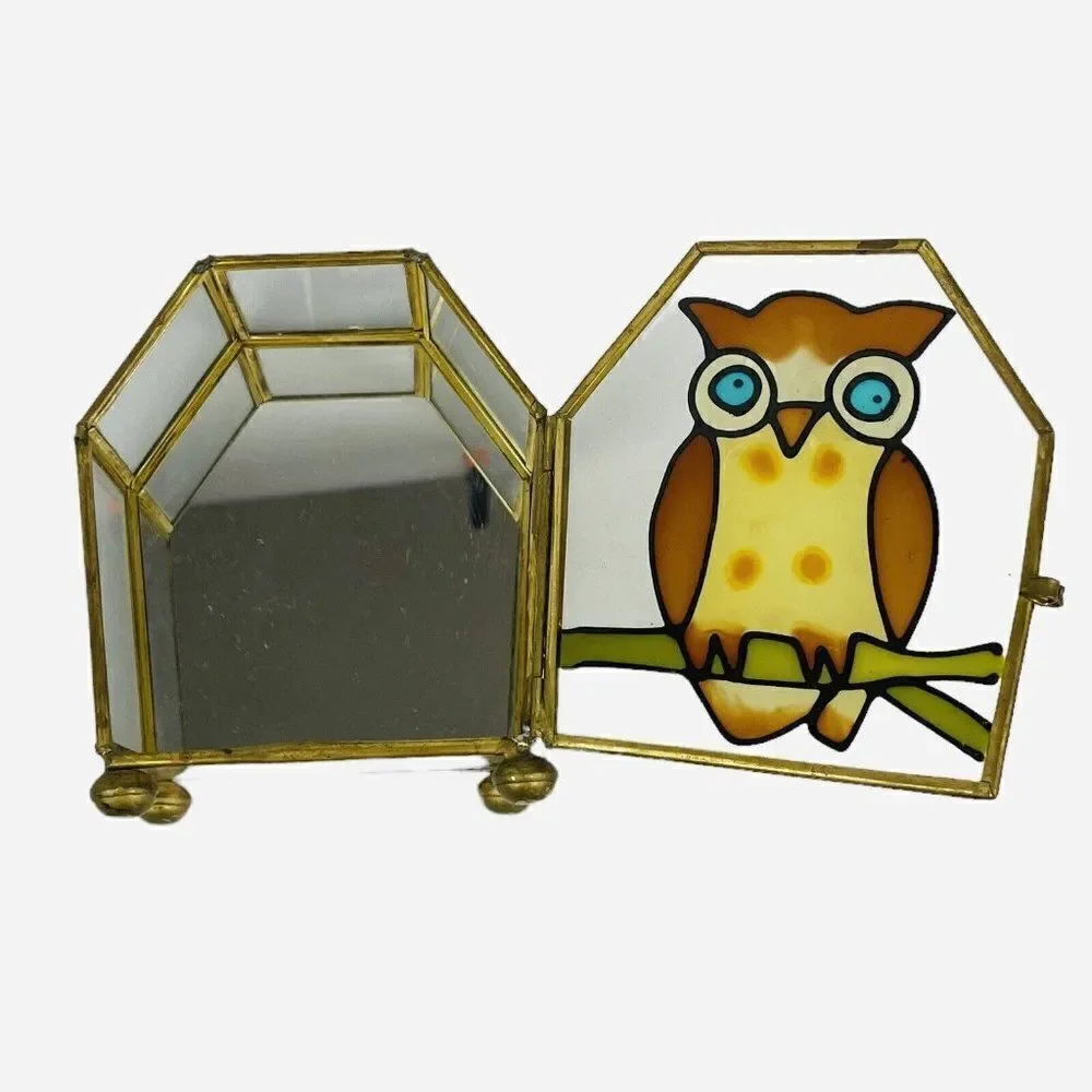 Vintage 1970s Interpur Owl Stained Glass Jewelry Trinket Box Mirrored MCM Taiwan